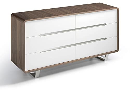 Angel Cerdá - Kommode aus Nussbaum und weiß glänzendem Holz - Kommode mit 6 Schubladen mit Soft-Closing und verchromten Stahlbeinen - Moderne Kommode für das Schlafzimmer - 140 x 39 x 70 cm