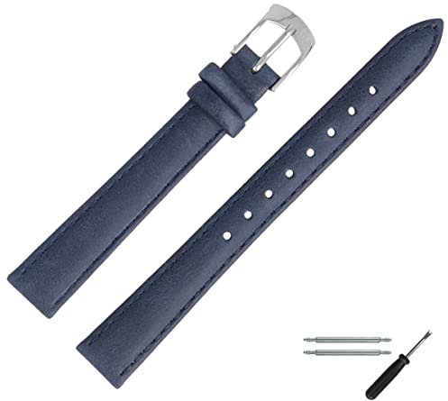 MARBURGER Uhrenarmband 12mm Leder Blau Silber Mit Naht - Montage Set 7711251000120