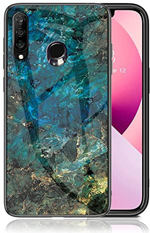 IMEIKONST Kompatibel mit Huawei P30 Lite Hülle Gehärtetes Glas Rückseite + Stoßfest Weicher Bumper Handyhülle Marmor Ultradünne Schutzhülle für Huawei Nova 4e. Smaragd Blau LSM
