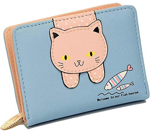 Queerelele Katzen Portemonnaie, Kleine Katze Dekoration Geldbeutel, Damen Reißverschluss Brieftasche, Süß Geldbörse Klein für Geschenke, Mädchen, Frauen, Freunde, Jubiläum (Blau)