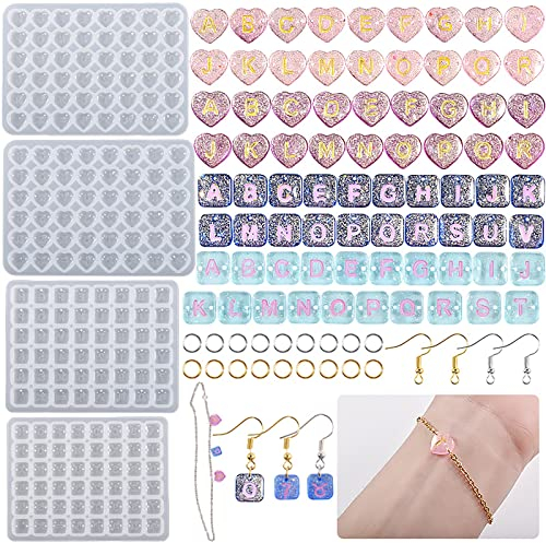 Bekecidi 204Pcs Silicona Alfabeto Resina Moldes Kit - Letra Silicona Moldes Joyería Hacer Set Epoxi Resina Fundición Moldes DIY Letra Pulseras Pendientes Colgante Adornos Resina Artesanía Kits
