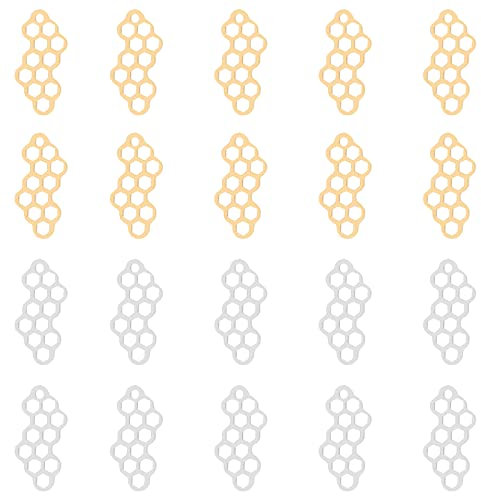 DICOSMETIC 20 Stück 2 Farben Waben Charme Edelstahl Offener Rücken Anhänger Filigrane Charme Geometrische Bienen Charme Goldene Glieder Verbindungsstücke Für Die Schmuckherstellung