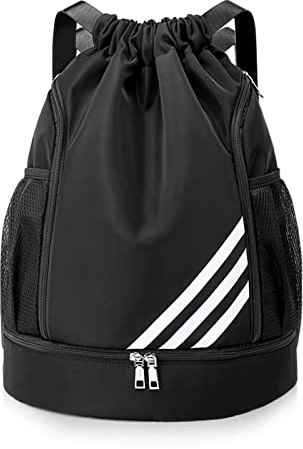 Turnbeutel mit Kordelzug für Reisen und Sport, Verstellbar Tunnelzug Rucksack mit Reißverschluß Wasserdicht Sportbeutel Fußballtasche Gymsack mit Aussentasche für Damen Herren Kinder (Schwarz)
