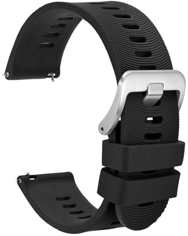 WOCCI 18mm Gewölbte Streifen Silikon Uhrenarmband, Schnellverschluss, Silberne Schnalle (Schwarz)