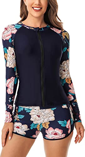 Rashguard Femme 2 Pièces Maillot de Bain à Manches Longues pour Surf Natation Séchage Rapide Maillot de Bain Shorty Femme Deux Pièces M