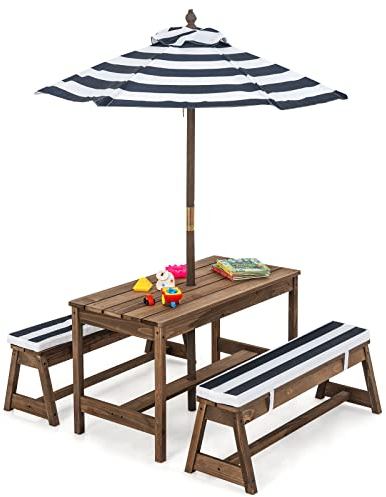 GOPLUS Kindermöbelset, Gartentischset mit 2 Bänken, 3-Fach Höhenverstellbarer Sonnenschirm, Tannenholz Oxford-Stoff Schaumstoffkissen, Kinder Gartenmöbelset für Garten Terrasse Balkon (Blau)