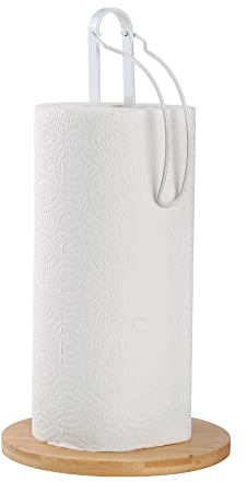 TONLEA White Wooden Paper Towel Holder with Fixation, Paper Towel Holder for Worktop, Freestanding Kitchen Towel Holder with Non-Slip Wooden Base