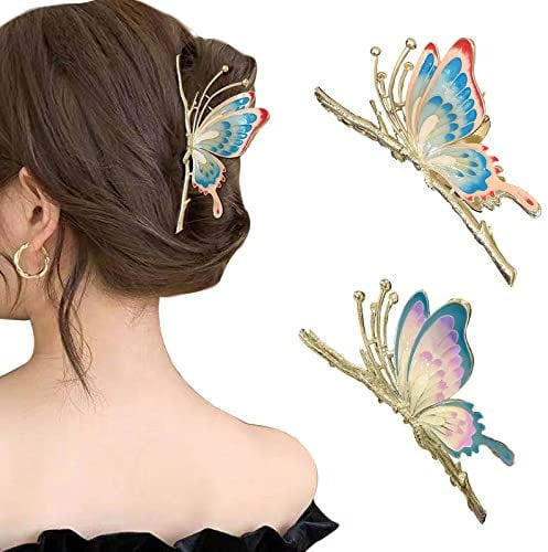 MJARTORIA 2PCS Butterfly Hair Claw Clips for Women Large Non-Slip Strong Metal Hair Catch Barrettes Jaw Clamps Hair Accessories for Medium Thick Hair (B-Gold-Colorful Butterfly-2PCS)