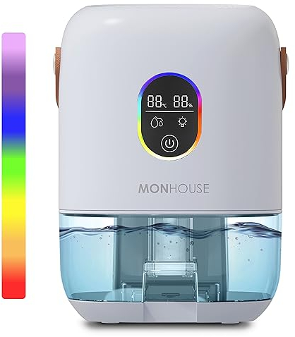 MONHOUSE Deshumidificateur - 1000 ML - Absorbeur D Humidite Electrique Ultra Silencieux - 7 Veilleuses Colorees, 2 Modes De Fonctionnement, Indicateur D Humidite Et De Temperature - Blanc
