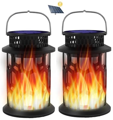 2 Stück Solar Laterne Flammenlicht Garten Hängelaterne Outdoor Solarleuchte Flammen Gartenlaternen IP65 Solar Licht Gartenleuchten Solarlaterne Flammenlampe Auto EIN/Aus Licht Sensor