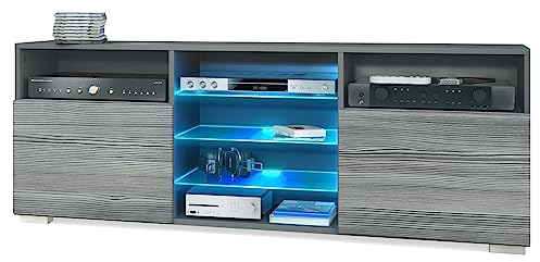 Vladon TV-Board Granada, Lowboard mit 2 Türen und 6 offenen Fächern, Korpus Anthrazit matt, Fronten in Avola-Anthrazit mit RGB LED-Beleuchtung (146 x 54 x 35 cm)