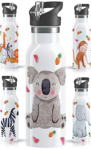 OWLBOOK® Edelstahl Trinkflasche Kinder | Wasserflasche mit Strohhalm | 600 ml | Sportdeckel | Spülmaschinenfest | Schule Sport | Schulanfang Geschenke zur Einschulung Mädchen| Koala