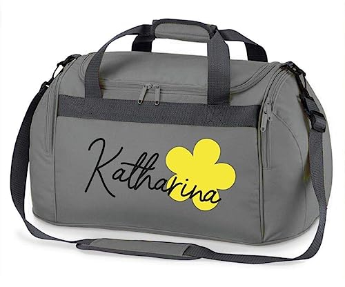 minimutz Kinder-Sporttasche mit Blume & Namen | INKL. Namensdruck | Personalisieren & Bedrucken | Reisetasche zum Umhängen (grau)