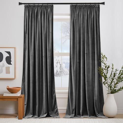 PONY DANCE Pencil Pleat Grey Velvet Curtains - Thermal Blackout Velvet Curtains Luxury Drapes Elegant Home Decor Rod Pocket Window Treatments for Living Room/Bedroom, 52x84 Inch
