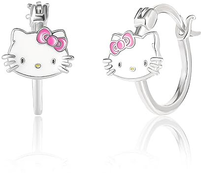 Sanrio Hello Kitty Damen Creolen Sterling Silber und Emaille Hello Kitty Ohrringe Offizielle Lizenz, Sterling Silber, Kein Edelstein