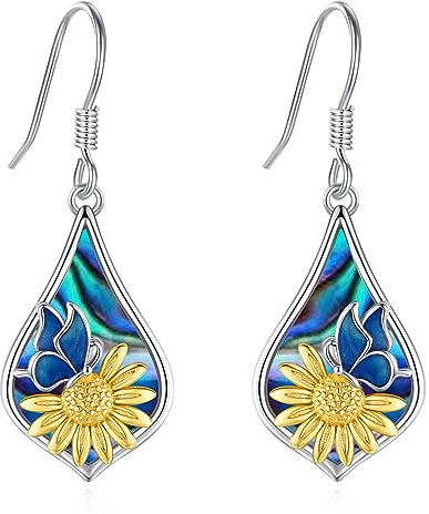 Eusense Sonnenblume Ohrringe 925 Sterling Silber mit Abalone Muschel Schmetterling Ohrringe Sonnenblume Ohrstecker Blume Ohrringe Schmuck Geschenke für Frauen Mädchen