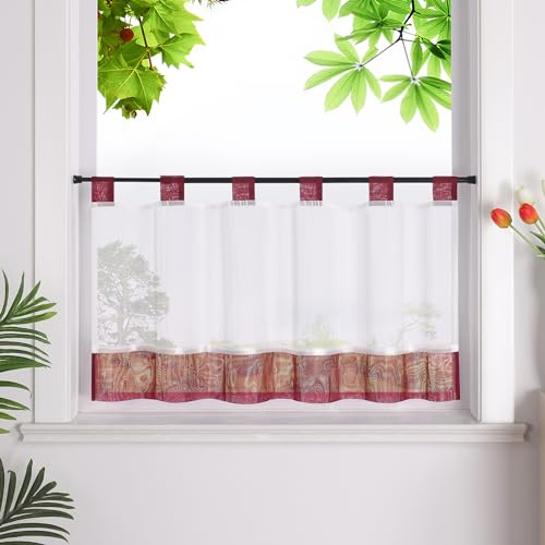 HeichkelL Scheibengardine, Leinenoptik Gardine, Rot HxB 60x120 cm | Küchengardine mit Schlaufen, Halbtransparent Bistrogardine, Landhausstil Kurzstores