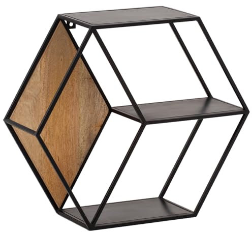 FineBuy Wandregal 60x52x20 cm Mango Massivholz/Metall Hängeregal Industrial, Design Schweberegal Sechseckig, Dekoregal Hängend Wabenform, Regal Wand mit 3 Ablagen