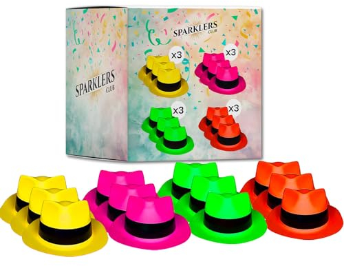 SPARKLERS Club - Lote de 12 sombreros fluorescentes (3 sombreros de neón por color, amarillo rosa, verde rojo, especial luz negra y ultra violeta, 4 colores vivos, accesorio fluorescente