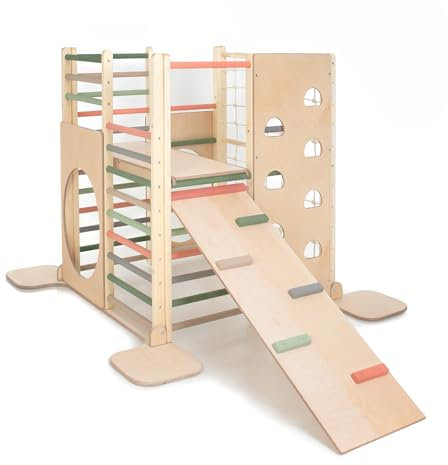 HomeForDreams Holz Montessori-Inspirierter Quadratischer Kletterturm für Kleinkinde: Faltbarer Indoor-Spielplatz mit Zubehörbrettern (Waldtraum, Mit Innenbrett und Kletterbrett)