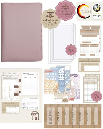 BeginnerBudget® Budget Planner Deutsch - Starterset mit Sparchallenge Budgetplaner - Sparen mit Umschlagmethode + Anleitung - Ringbuch - Binder A6 Geldbeutel Zipper (Rosa)