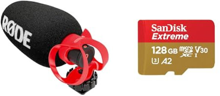 RØDE VideoMicro II Ultra-Compact On-Camera Shotgun Microphone for Recording Audio with a Camera & SanDisk 128GB Extreme microSDXC card + SD adapter + RescuePRO Deluxe, up to 190MB/s
