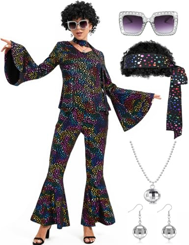 Ragelion Disco Outfit Damen,60er 70er Jahre Outfit Damen für Halloween Party mit Top Hose Zubehör