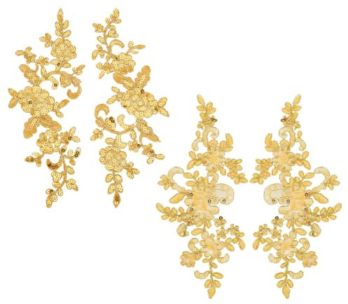 arricraft 2 Pairs Gold Embroidery Sequin Lace Applique, 2 Styles Sewing Flower Fabric Collar Patch Polyester Iron on Sew on Patches for Bridal Wedding Dress Gown DIY Crafts