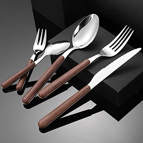 Stainless Steel Flatware Set with Wooden Handle 20Pcs Gold Dinnerware Service for 4 Includes Knife Fork Spoon Elegant Wood Tableware Cutlery Sets for Kitchen Dining (Silver Option Available)