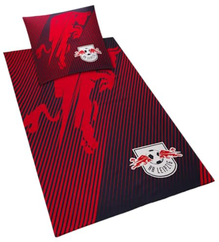 RB Leipzig Bettwäsche - Speed - 2teilig 135 x 200 cm rot-Navy gestreift RBL - Plus Lesezeichen Wir lieben Fußball