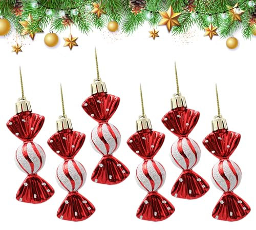 Vordpe 6 Stück Weihnachtsbaum Süßigkeiten Anhänger, Weihnachten Deko Weihnachtskugeln Zuckerstangen Deko, Kunststoff gemalte Kugel Süßigkeiten Anhänger Prop (Rot)