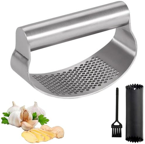 Presse-ail à bascule en acier inoxydable, presse-ail et gingembre, ustensile de cuisine, hachoir pour ail, gingembre, éplucheur d'ail en silicone, brosse de nettoyage