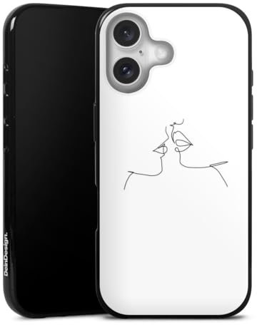 Silikon Hülle kompatibel mit Apple iPhone 16 Case schwarz Handyhülle Kussmund Line Art Liebe