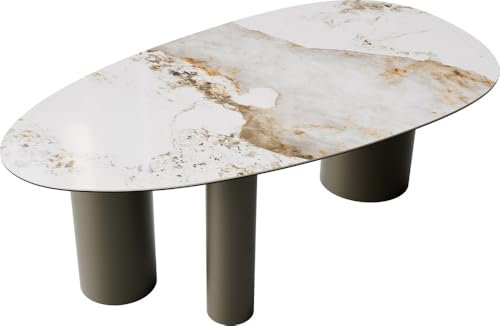 Esszimmertisch Edge Oval Keramik Minas Melange Weiß-Beige 220x120 Troa Metall Effektfinish Titan