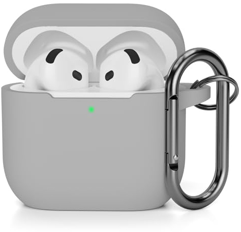 AOTUAO Kompatibel mit AirPods 4 Hülle Case, Weiches Silikon Stoßfeste Schutzhülle für AirPods 4. Generation (2024) (USB-C) Case Cover mit Karabiner, Front-LED Sichtbar, Grau
