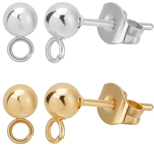 Beebeecraft 100 Stück Kugel Ohrstecker 24 Karat Gold Und 925 Sterlingsilber Plattiert 304 Edelstahl Runder Stecker Mit Loch Für Baumelnde Ohrringe Schmuckherstellung Zum Selbermachen
