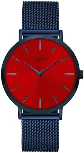 TORII Unisex-Uhr Rot Edelstahl - rund Quarz N38NM.TN Milanaise-Armband Strichindizes wasserdicht 50 m