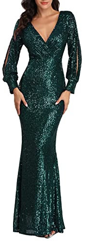 Elegantes Damenkleid für Zeremonien, schickes Kleid mit hoher Taille, Glitzer, Zeremonie, Curvy, Fransen, Karneval, Kleider mit Pailletten, einfarbig, formelles Abendkleid, glänzend, grün, M