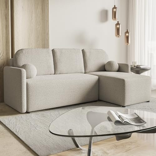 MOTIVENA Madera Ecksofa mit Schlaffunktion und Bettkasten, Sofa L Form, Eckcouch mit Schlaffunktion, Sofa 3 Sitzer, Schlafsofa mit Bettkasten, L Couch, Cloud Couch L Form, Boucle Sofa Weiß