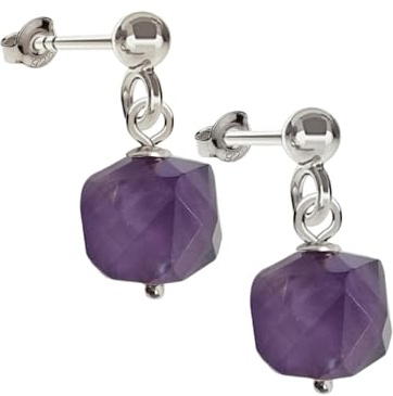 I.L.U.S Damen Violette Edelstein Ohrringe Silber 925 Vergoldet Natur Kristall Ohrring Lila mit Anhänger Ohrschmuck Edelstein Ohrhänger Amethyst Ohrstecker mit Stein Geschenke Frauen HANDMADE