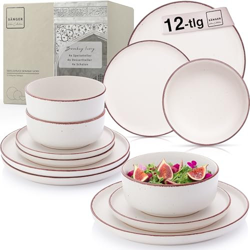 SÄNGER Bombay Ivory | Geschirrset 12 teilig, Steingut Geschirr 4 Personen, 4x Speiseteller 4x Dessertteller 4x Schalen, Teller Set creme | VALUE COLLECTION