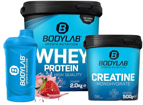 Bodylab24 Megadeal Basic Aufbau, Whey Protein Erdbeere, Creatine Monohydrate + Shaker für Kraftsport und Fitness, kann den Aufbau und Erhalt von Muskelmasse unterstützen