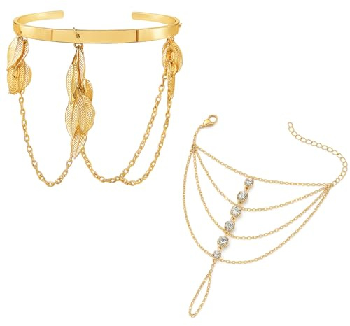 ZWWOGE Lot de 2 Bracelets Élégants avec Bague et Chaîne de Main à Pendentif en Zircon Chromé, Ensemble Bijoux Femme avec Chaîne de Bras