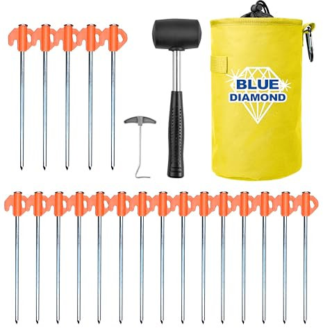 Blue Diamond Heavy Duty Tent Pegs - 20 Pack Hard Ground Tent Pegs, Camping Pegs for Awnings, Gazebos, Outdoor Use - Galvanized Steel (Deluxe Kit (Mallet, Peg Puller, Carry Bag))