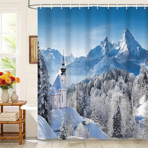 Kzzfqxb Rideaux de Douche 183x183cm avec Crochets Plastique, Noël Paysage de Montagne enneigée forêt de pins Maison Chic, étanche Tissu Polyester pour Baignoire, Décoration d'hiver pour Salle de Bain