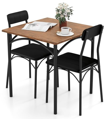 GIANTEX Essgruppe 3er Set, quadratischer Esstisch mit 2 Stühlen gepolstert | Küchentisch Set mit Metallrahmen, Esszimmergruppe für 2 personen, Sitzgruppe für Esszimmer & Küche, Dining Table Set