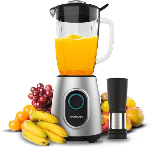 Cecotec Batidora de Vaso Power Black Titanium 2000MAX Inox. 1800W, 27800RPM, Cuchillas Titanio Negro, Jarra Vidrio 1.8L apta Lavavajillas, 2 Velocidades, Pulse, Pica Hielo, Filtro Licuados sin Pulpa