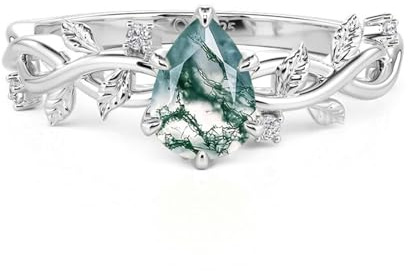 Jeulia Damen Ringe Birnenschliff Moosachat Silberring mit Weinblatt Verlobungsring Zirkonia Fingerring Sterlingsilber Versprechungsring Fein Bandring für Geburtstag Valentinstag Hochzeit