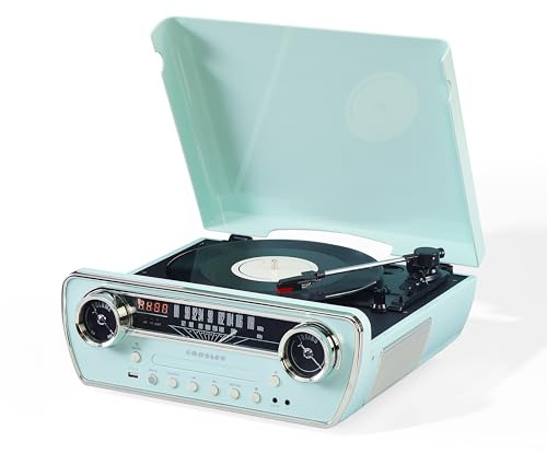 Crosley Powel - Giradischi 7 in 1 con altoparlanti e lettore CD, design vintage con Bluetooth, sistema di intrattenimento con radio AM/FM, stile retrò Aqua per musica in vinile, digitale e wireless