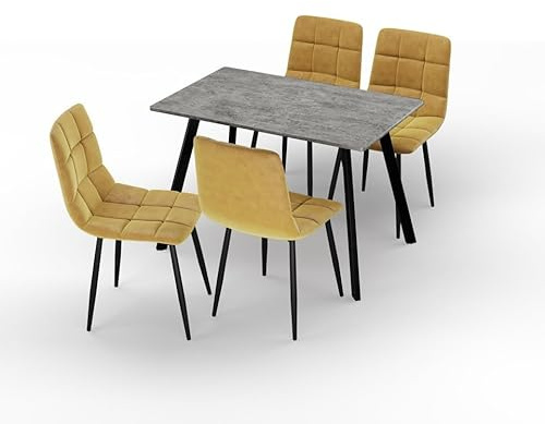 URBNLIVING 110cm Dining Table & 4 Velvet Chairs Set – Modern Metal Frame Kitchen Furniture, Contemporary Dining Room Set - Concrete Table Curry Yellow Chair